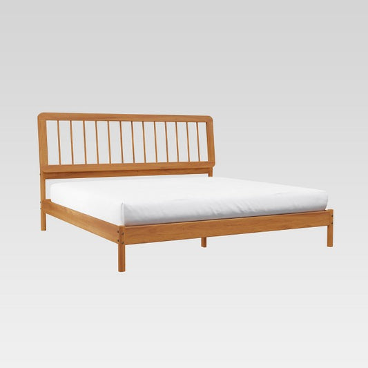 Saracina Home King Spindle Headboard Bed Caramel: Pine Frame, Platform Design, No Box Spring Needed