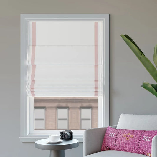 27"x64" Sun Zero 100% Blackout Hailey Ribbon Border Cordless Roman Window Shade Pink/White: Indoor Blackout Window Shades