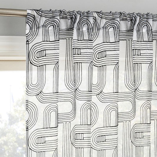 50"x84" No. 918 Sheer Kaz Embroidered Retro Curves Rod Pocket Curtain Panel Black/white: Vintage Polyester Drapery : Target