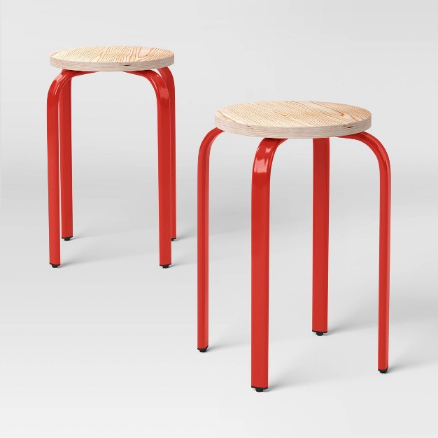 Set of 2 Plywood with Metal Base Stacking Stool Red - Room Essentials