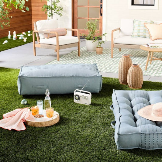 44"x22"x10 Rib Stripe Woven Chambray Outdoor Patio Cushioned Bench  Blue - Hearth & Hand with Magnolia