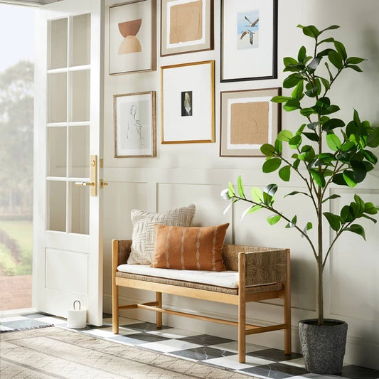 Elden Wood Bench with Woven Back and Loose Cushion Seat - Threshold designed with Studio McGee Fully Assembled