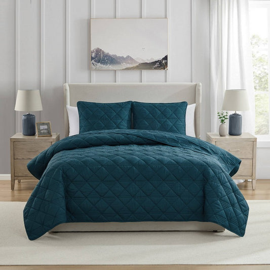 VCNY Full/Queen 3pc Lucy Pinsonic Quilt Set Teal Blue: Hypoallergenic Microfiber, Includes 2 Shams