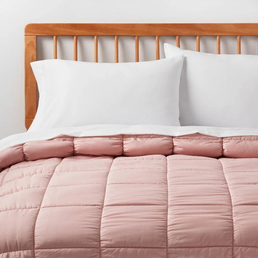 Full/Queen Box Stitch Puffer Comforter Pink - Room Essentials