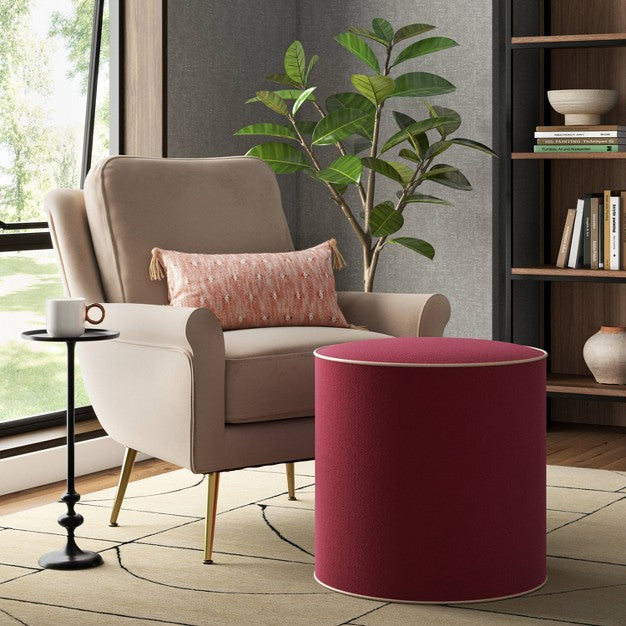 Contrast Welt Drum Ottoman in Velvet Berry Pearl Welt - Threshold