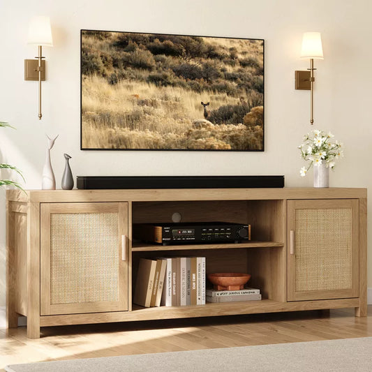 Whizmax Rattan TV Stand for 65 inch TV, Boho Entertainment Center with 2 Rattan Doors, Modern Media TV Console for Living Room Bedroom, Natural Oak