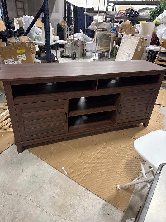 65-inch modern TV stand, semi-open double-door entertainment centre with 8 storage compartments, Brown