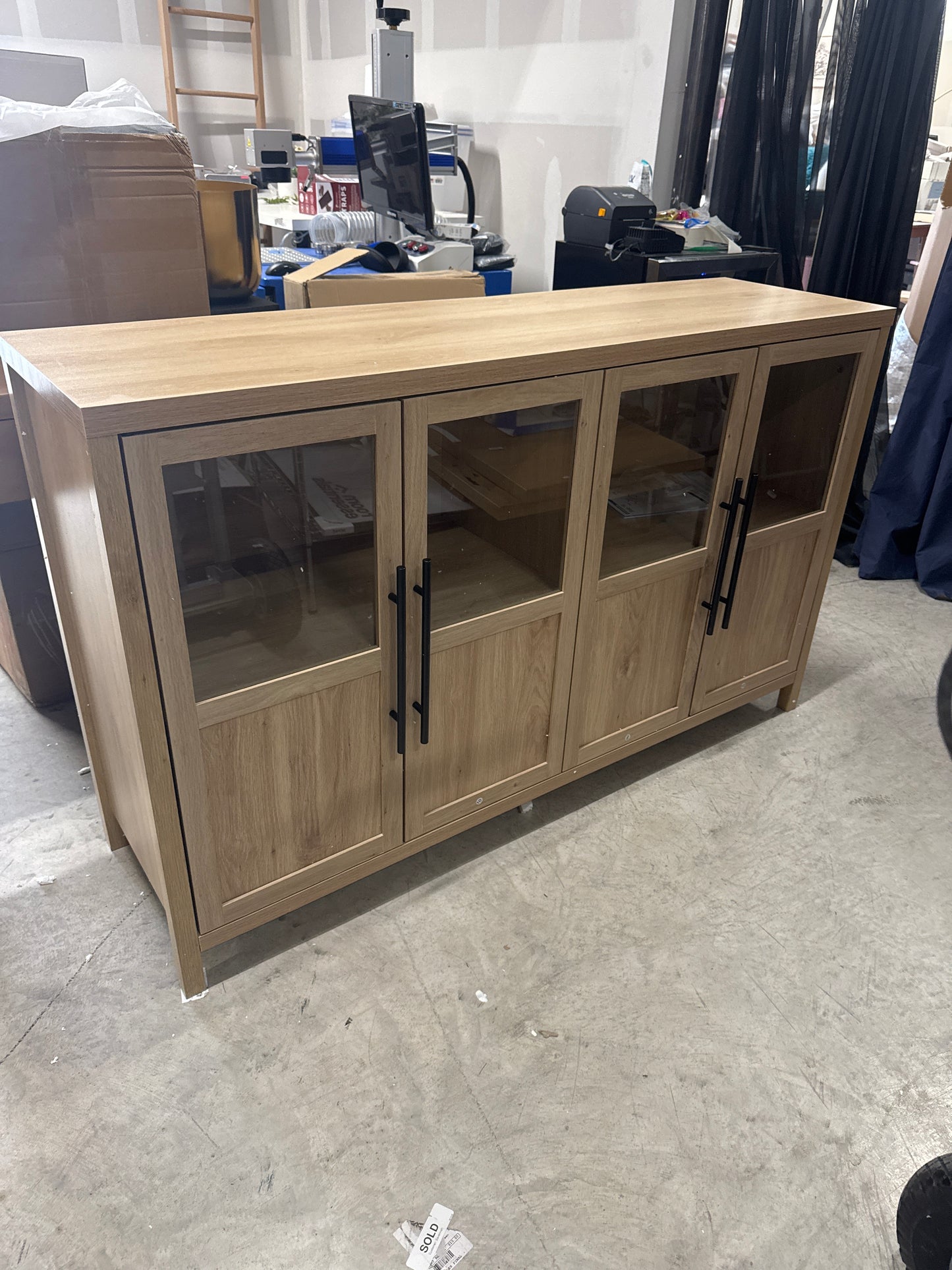 55" Large Buffet Sideboard Cabinet with 4 Glass Doors and Shelves, Farmhouse Storage Cabinet for Kitchen Dining Room, Living Room (Pear Wood)