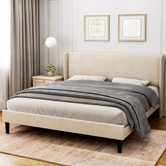 Whizmax Full Size Bed Frame With Wingback, Velvet Platform Bed With Upholstered Headboard, Solid Wood Slats Support, No Box Spring Needed, Beige : Target