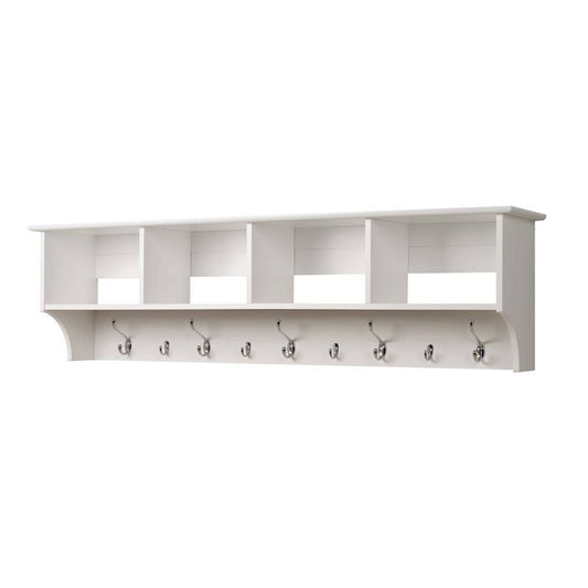 60" Wide Hanging Entryway Shelf White - Prepac: Wall Mounted Storage with 9 Hooks, Laminated Wood Composite