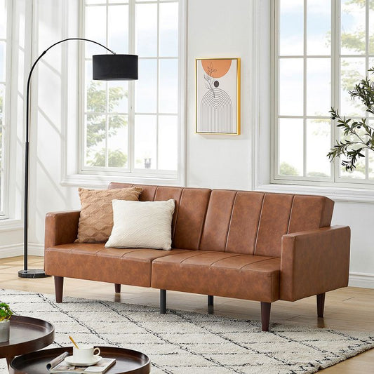 Whizmax Convertible Sofa Bed, Adjustable Couch Sleeper Modern Faux Leather, Memory Foam Loveseat Sofa Bed, Couches for Living Room, Bedroom, Brown