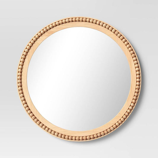 28" Dia Round Wooden Beaded Wall Mirror Natural - Threshold: Beaded Detail, No Assembly Required