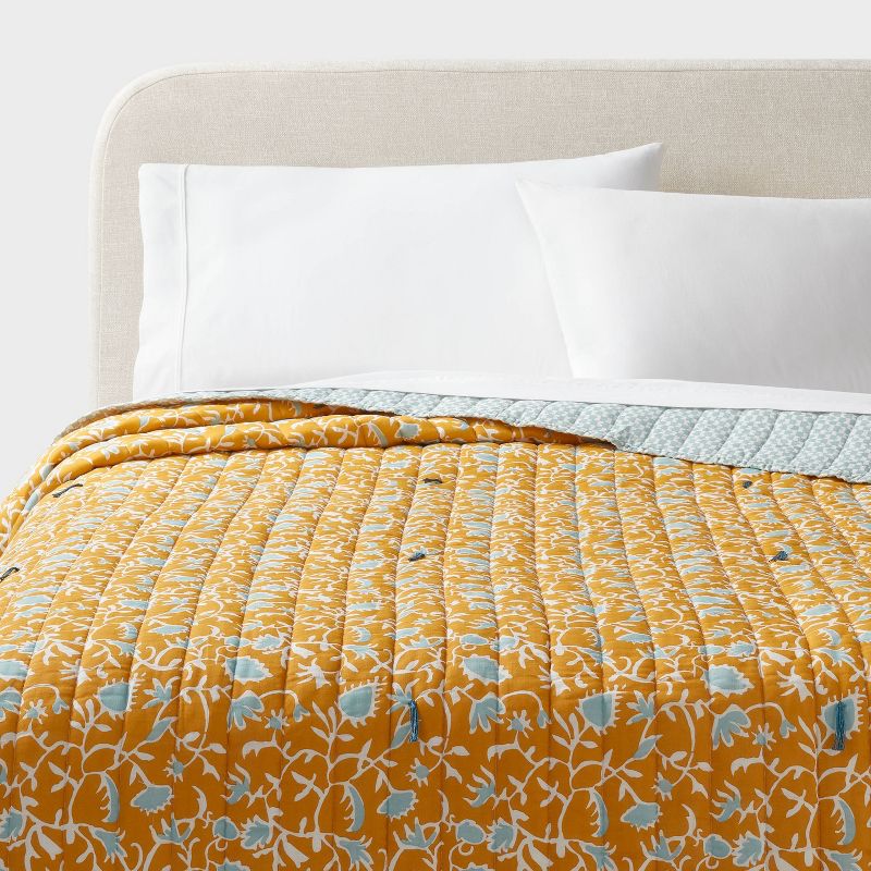King Earthy Vines Quilt Mustard Yellow/teal Blue - Threshold™: Cotton Voile, Botanical Pattern, Machine Washable : Target