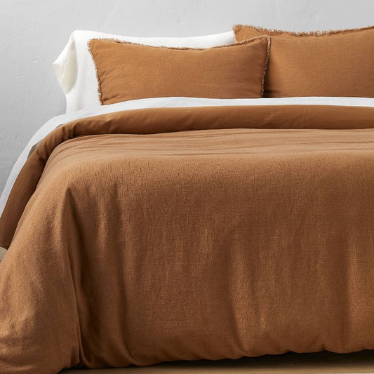 Full/Queen Heavyweight Linen Blend Duvet Cover & Sham Set Warm Brown - Casaluna
