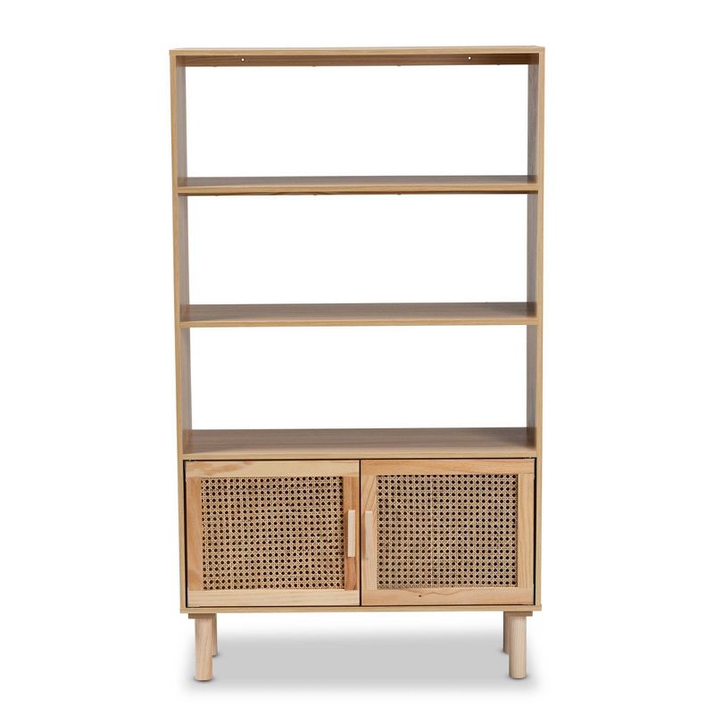 55.1" Faulkner Natural Wood Rattan 2 Door Bookcase Brown - Baxton Studio: Mid-century Design, 3 Shelves : Target