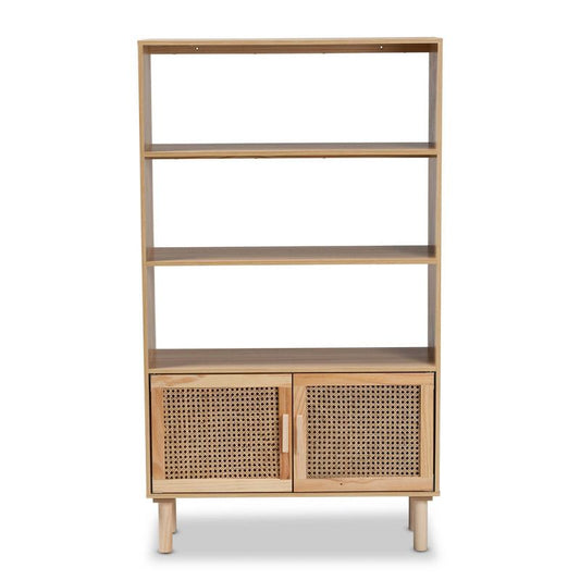 55.1" Faulkner Natural Wood Rattan 2 Door Bookcase Brown - Baxton Studio: Mid-century Design, 3 Shelves : Target