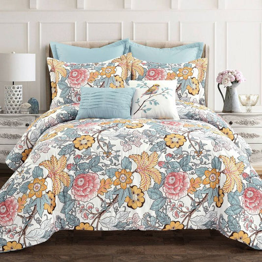 Full/queen 7pc Sydney Comforter Set Blue/yellow - Lush Décor: Microfiber Bedding With Botanical Pattern & Pleated Design : Target
