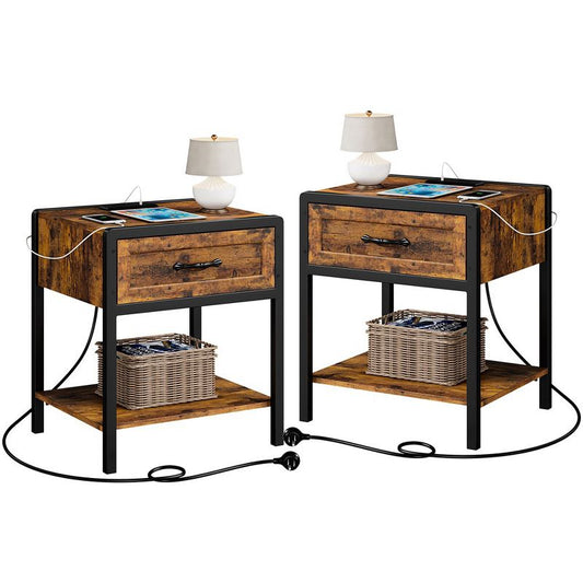 Whizmax Nightstand Set Of 2, Nightstands With Charging Station, Modern Nightstands With Drawers Storage Shelf For Bedroom, Living Room, Brown : Target