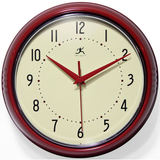 9.5" Retro Metal Wall Clock Red - Infinity Instruments: Indoor Modern Decor, Off-White Face, Round Shape