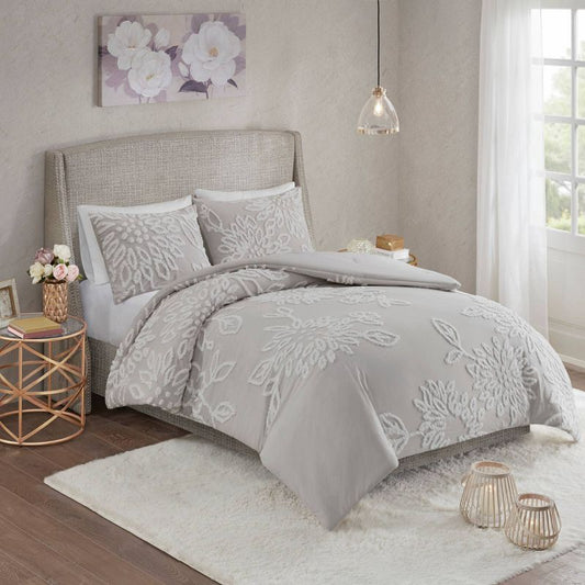 3pc Full/queen Danica Tufted Cotton Chenille Floral Comforter Set Gray/white - Madison Park : Target
