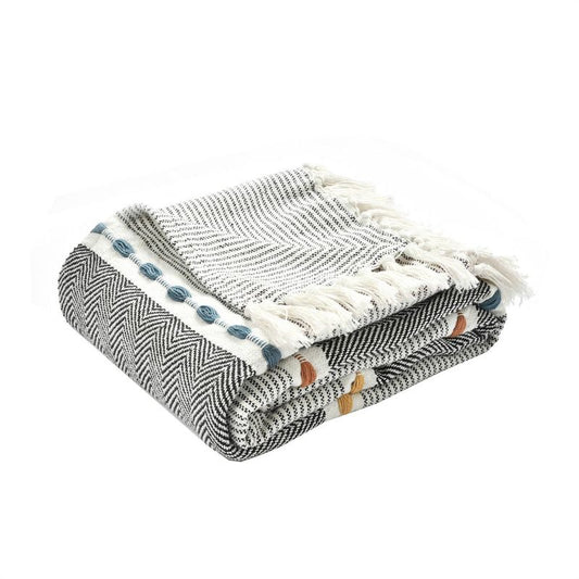 50"x60" Herringbone Striped Yarn Dyed Cotton Woven Throw Blanket with Tassels Black - Lush Décor