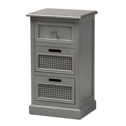 Sheldon Vintage Wood And Synthetic Rattan 3 Drawer Nightstand Gray - Baxton Studio : Target