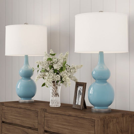 Set of 2 Ceramic Double Gourd Table Lamps: Ivory Shades, Acrylic Base - Trademark Global