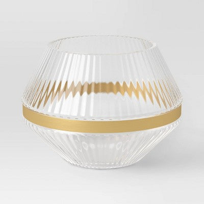 Medium Luxe Glass Hurricane Holder - Threshold: Ribbed Texture, Gold-Tone Detail