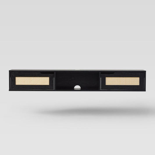Modern Boho Floating TV Stand for TVs up to 65\ with Rattan Doors Black - Saracina Home"