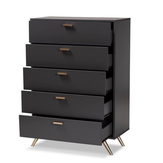 Kelson Wood 5 Drawer Chest Dark Gray/gold - Baxton Studio: Modern Storage For Bedroom : Target