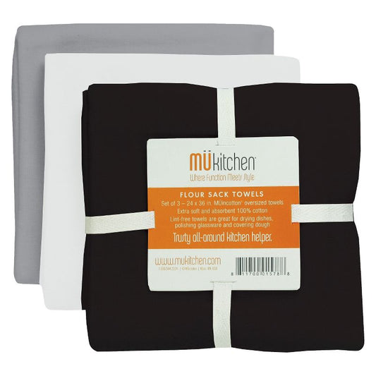 3pk Cotton Flour Sack Kitchen Towels Gray/Black/White - MU Kitchen