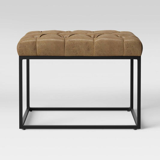Trubeck Tufted Metal Base Ottoman Faux Leather Brown - Threshold™: Padded Footstool, No Assembly Required : Target