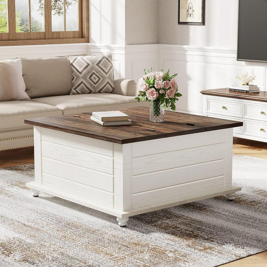 Tribesigns Farmhouse Coffee Table with Storage, Wood Square End Table with Large Hidden Storage Compartment for Home