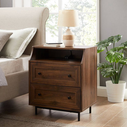 Transitional 2 Drawer Nightstand with USB Port Dark Walnut - Saracina Home