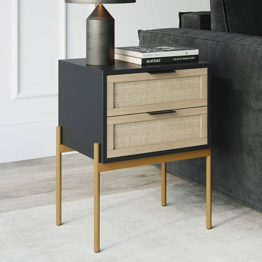 Nathan James Andrew 2 Drawers Side Table Matte Black Rattan: Brass Gold Hardware, Durable Metal Legs : Target