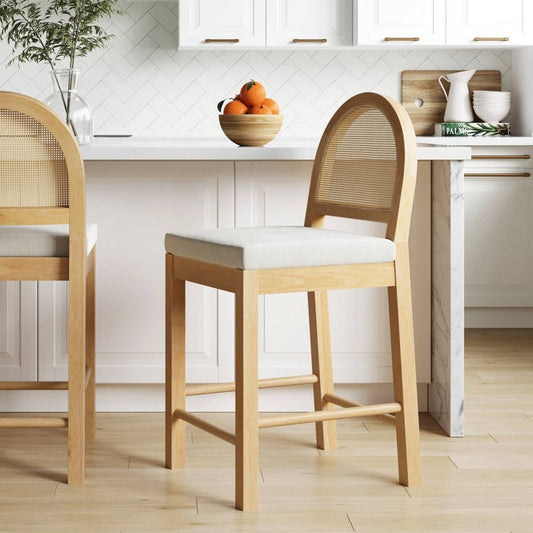 Wood Rattan Counter Barstool Warm Pine/cream Linen - Nathan James: Bohemian Style, Cushioned Seat, 300 Lbs Capacity : Target
