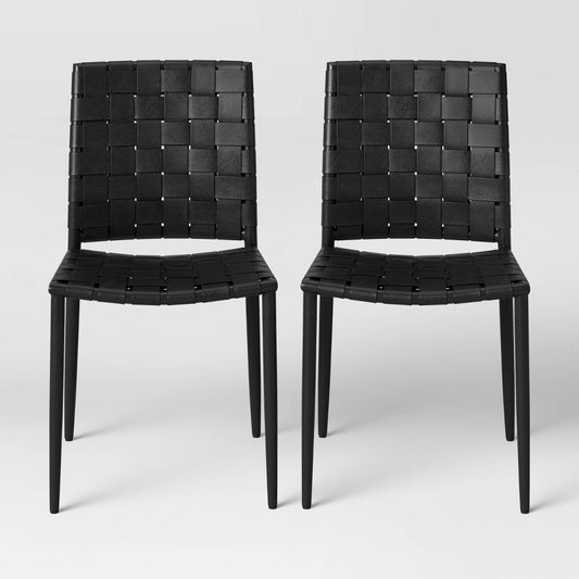 2pk Wellfleet Woven Leather Metal Base Dining Chair Black - Threshold: Faux, Armless, Powder-Coated Finish