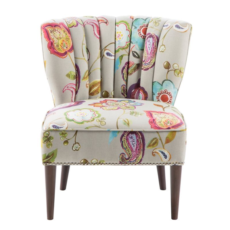 Remy Channel Back Slipper Chair Green/Cream: Madison Park, Wingback Design, Floral Pattern, Wood Legs