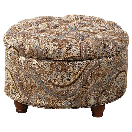 Button Tufted Round Storage Ottoman Brown Paisley - HomePop