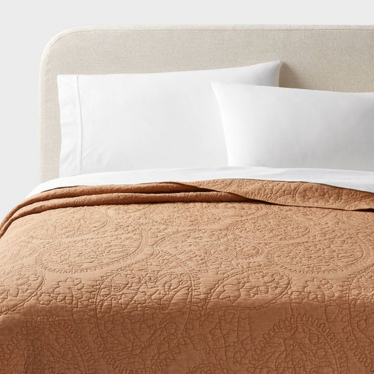 Twin/twin Extra Long Garment Washed Paisley Stitch Quilt Camel - Threshold™: Microfiber, Oeko-tex Certified, All Ages : Target