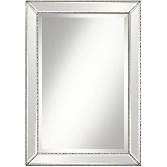 Uttermost Roseau Rectangular Vanity Wall Mirror Modern Beveled Silver Pewter Beaded Border Frame 24\ Wide Bathroom Bedroom Living Room House Entryway"