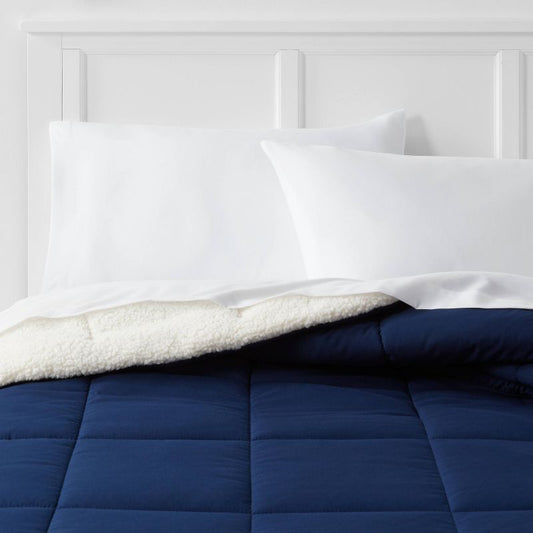 Twin/Twin Extra Long Faux Shearling Washed Microfiber Reversible Comforter Navy - Room Essentials