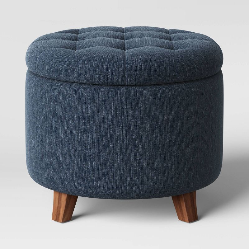 Tufted Round Storage Ottoman Heathered Blue - Threshold™: Mid-century, Hidden Compartment, Wood Legs : Target