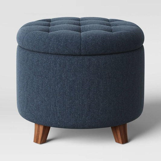 Tufted Round Storage Ottoman Heathered Blue - Threshold™: Mid-century, Hidden Compartment, Wood Legs : Target
