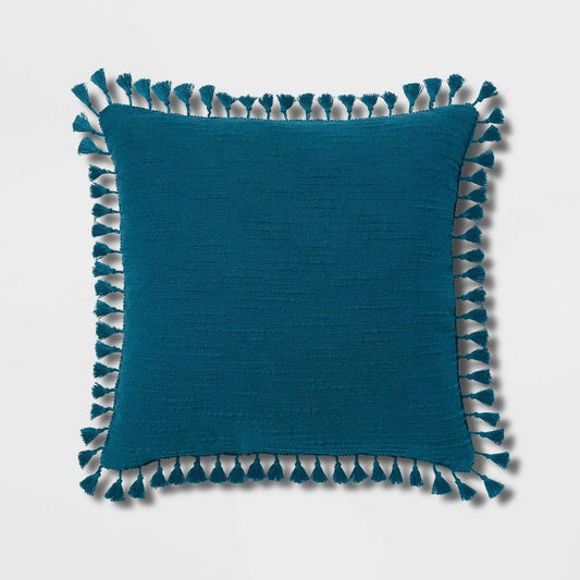 Euro Textured Slub Tassel Decorative Throw Pillow Dark Teal Blue - Threshold™: Cotton Dobby, Indoor Square Accent Pillow : Target