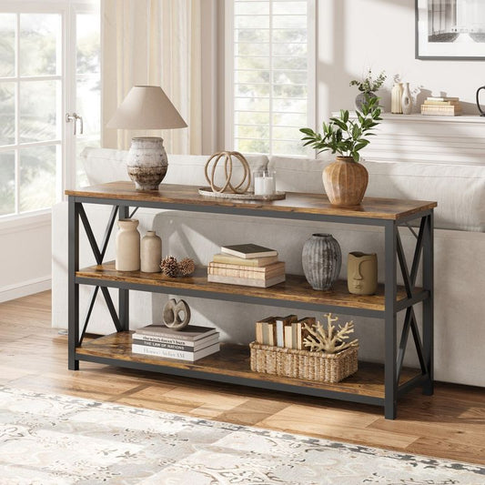 Whizmax Industrial Console Table for Entryway,3 Tier Wood Sofa Table with Metal Frame, Behind Couch Table for Living Room, Hallway, Entryway, Brown