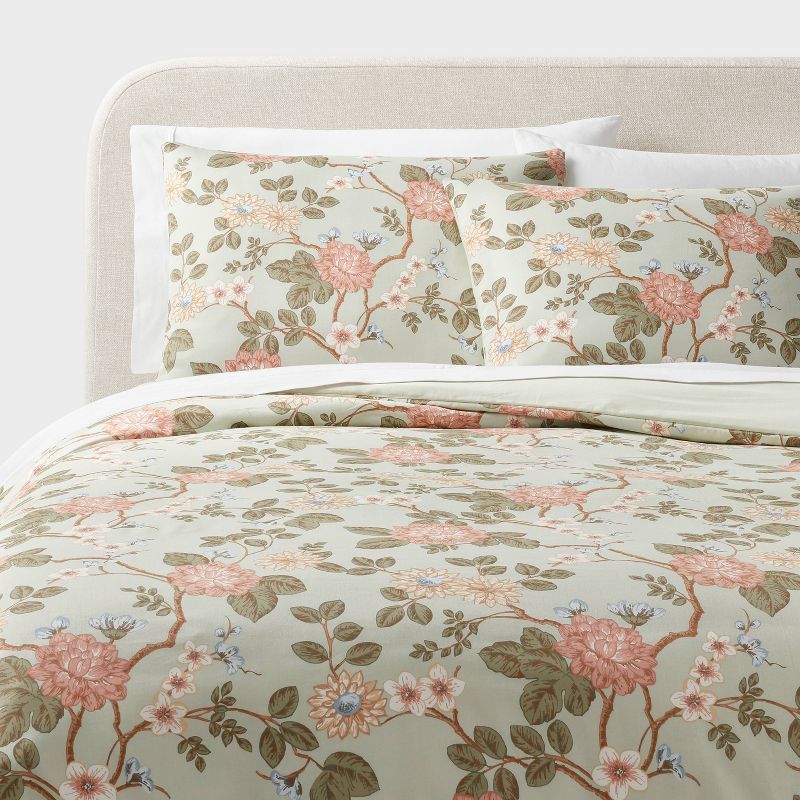 Full/queen Floral Print Duvet And Sham Set Light Sage Green/light Pink/white - Threshold™: 310 Thread Count Cotton Sateen, Zippered : Target