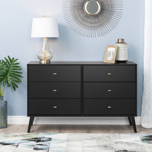 Mid-century Modern 6 Drawer Dresser Black - Prepac: Laminated, Metal Glides, Tapered Legs : Target