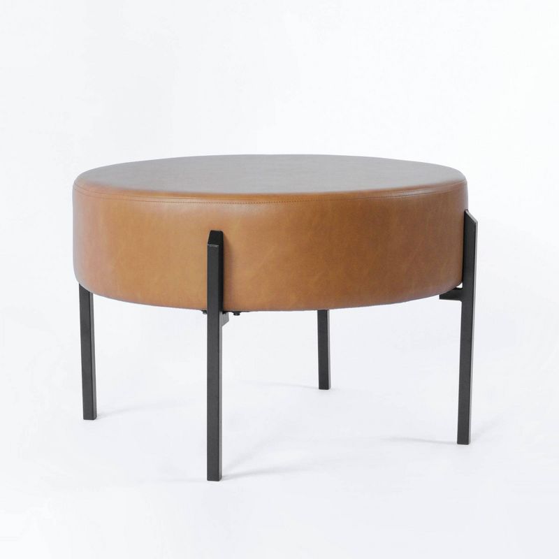 Modern Round Ottoman Caramel Faux Leather - Homepop: Sleek Metal Legs, Multipurpose Use, Easy Care : Target