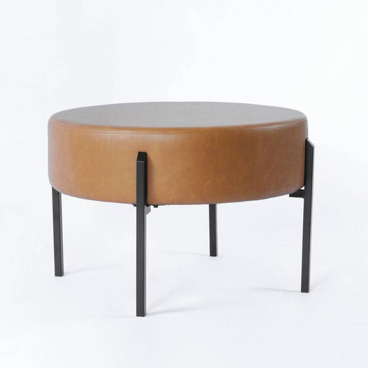 Modern Round Ottoman Caramel Faux Leather - Homepop: Sleek Metal Legs, Multipurpose Use, Easy Care : Target
